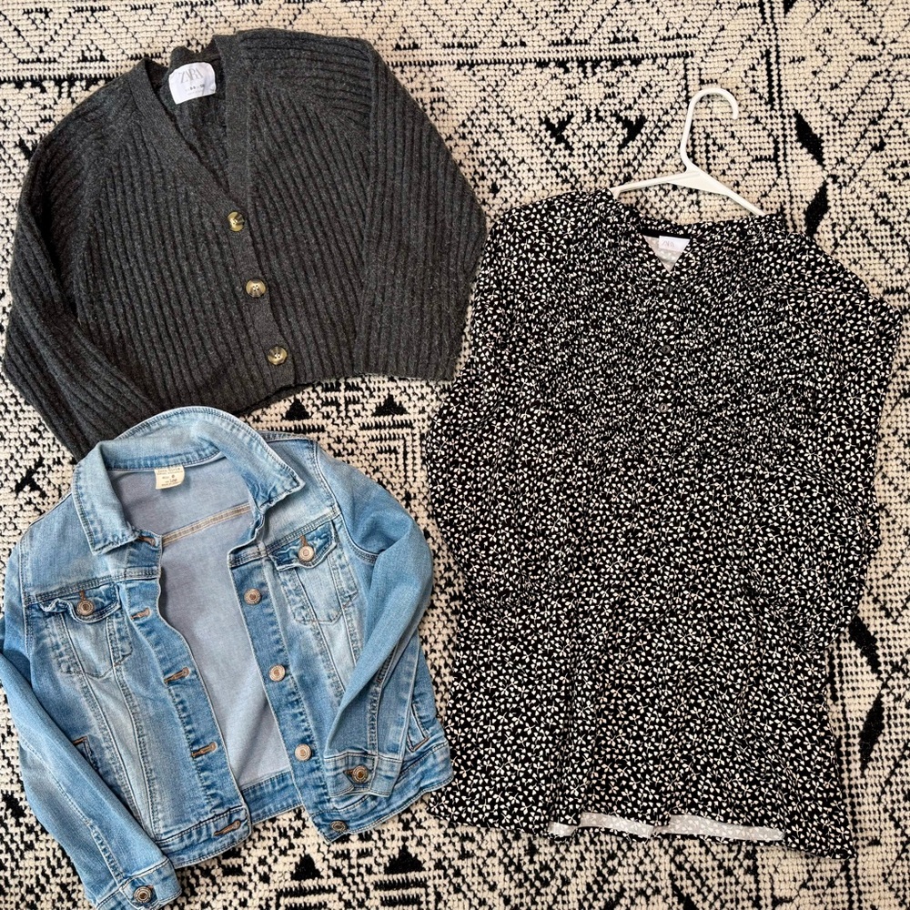 Stylish Cardigan, Denim Jacket, and Patterned Dress Set